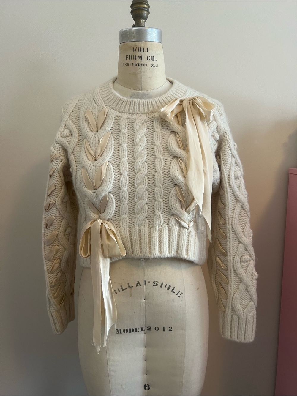 LoveShackFancy Cream Cable-Trim Ribbon Sweater